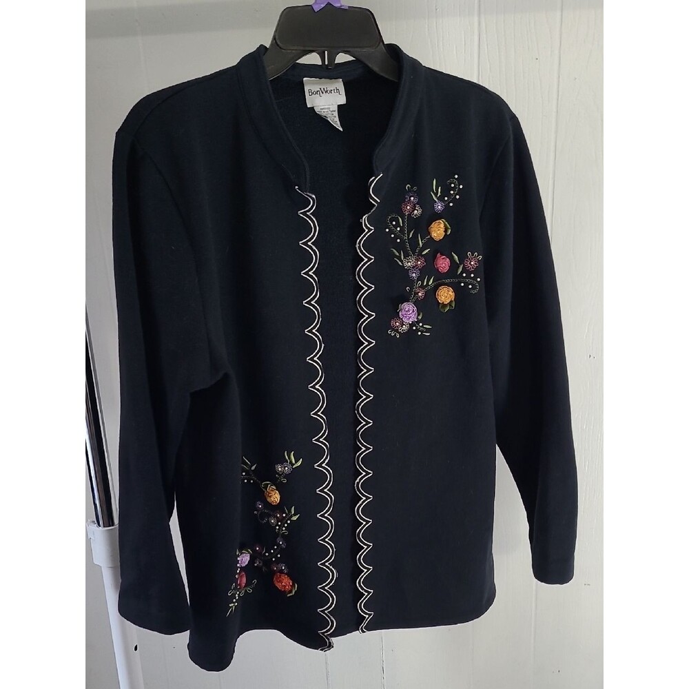 Vintage BonWorth Womens M Floral Colorful Embroidery Cardigan Black Scalloped